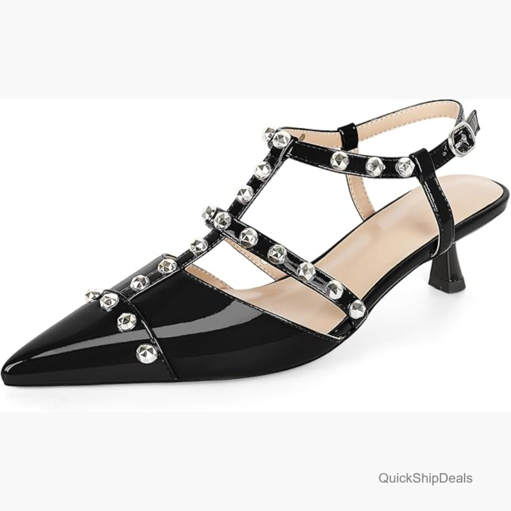 Slingback Kitten Heels Pointed Toe Pumps Studded T-Strap Low Heels